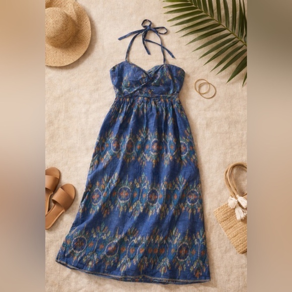 Manik Bali Handmade Ikat Cotton Halter Midi Maxi Dress Boho Resort Blue M